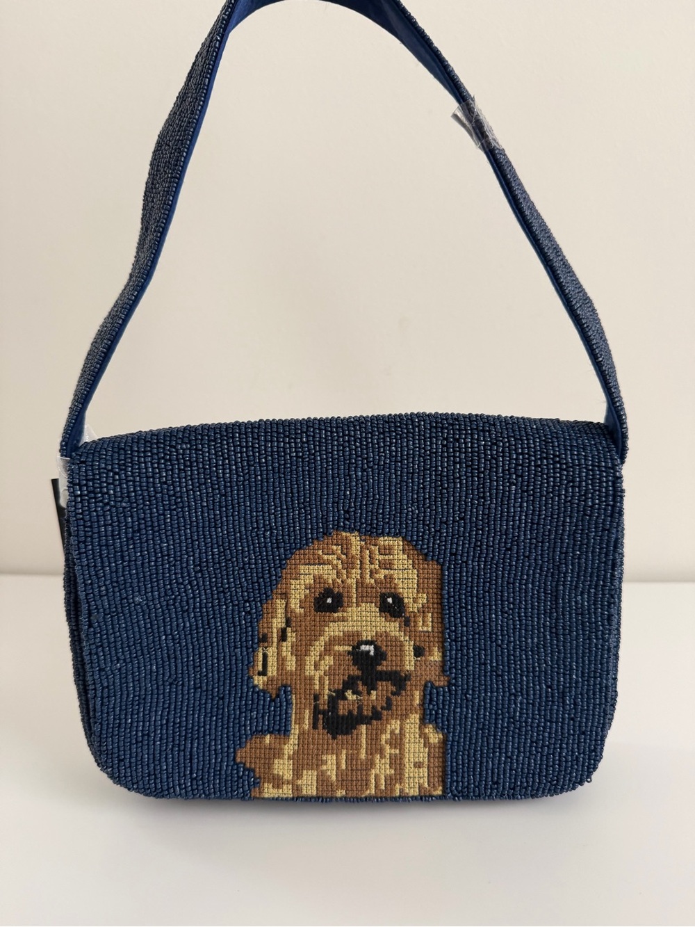 Dog Beaded Shoulder Bag in Navy with Golden Dog Motif